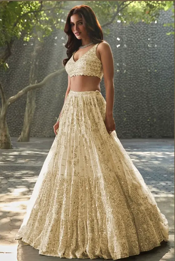 Lehenga de Georgette marfil bordado
