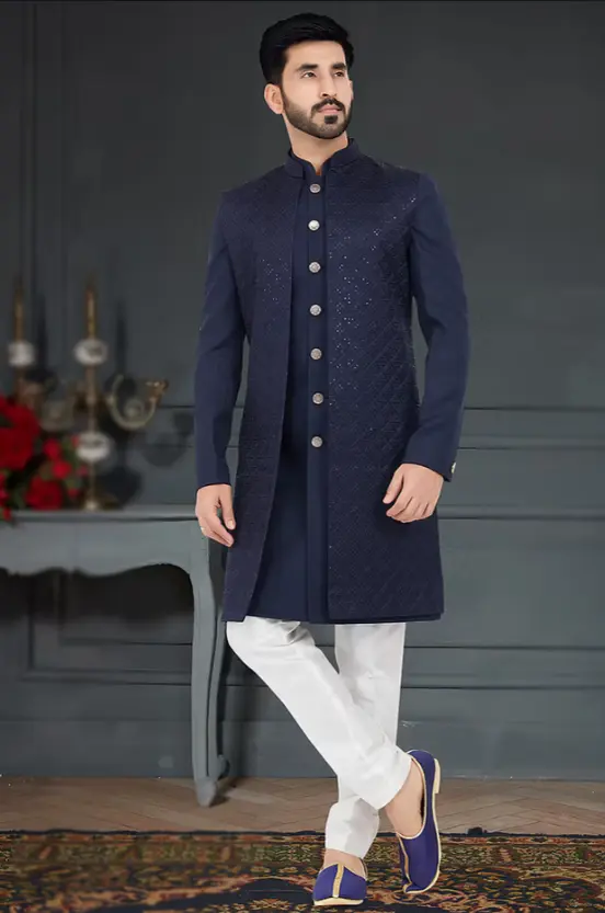 Chaqueta de seda bordada azul marino, estilo sherwani para hombre