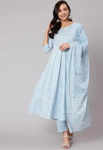 Traje en línea A de algodón puro impreso en azul cielo