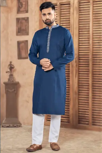 Kurta Pajama para Hombre en Viscosa Azul Prusiano de Festival Wear