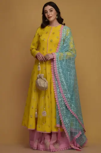 Lehenga de zari tejido en viscosa amarilla