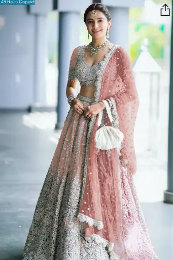 Lehenga A-line de red bordada con lentejuelas en durazno apagado.