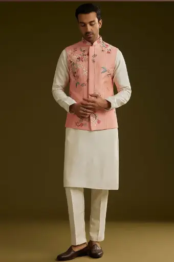 Kurta Pajama de algodón y seda blanca para hombre con chaqueta bordada