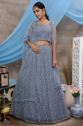 Lehenga de paneles de red bordados en azul polvo